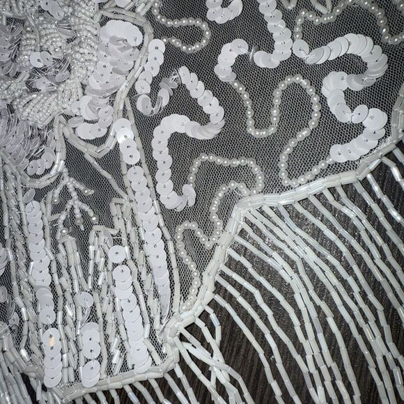 Vintage Beaded Fringe Shawl White Lace Floral Capelet Bridal Wrap Sparkly Party - Picture 11 of 13